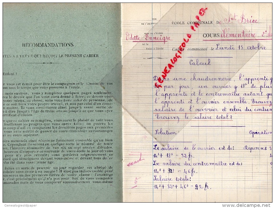 87- ST BRICE -SAINT BRICE - 19- EYBOULET USSEL- CAHIER ECOLE ODETTE DUNEIGRE COURS ELEMENTAIRE - ANNEES 1940 - Altri & Non Classificati