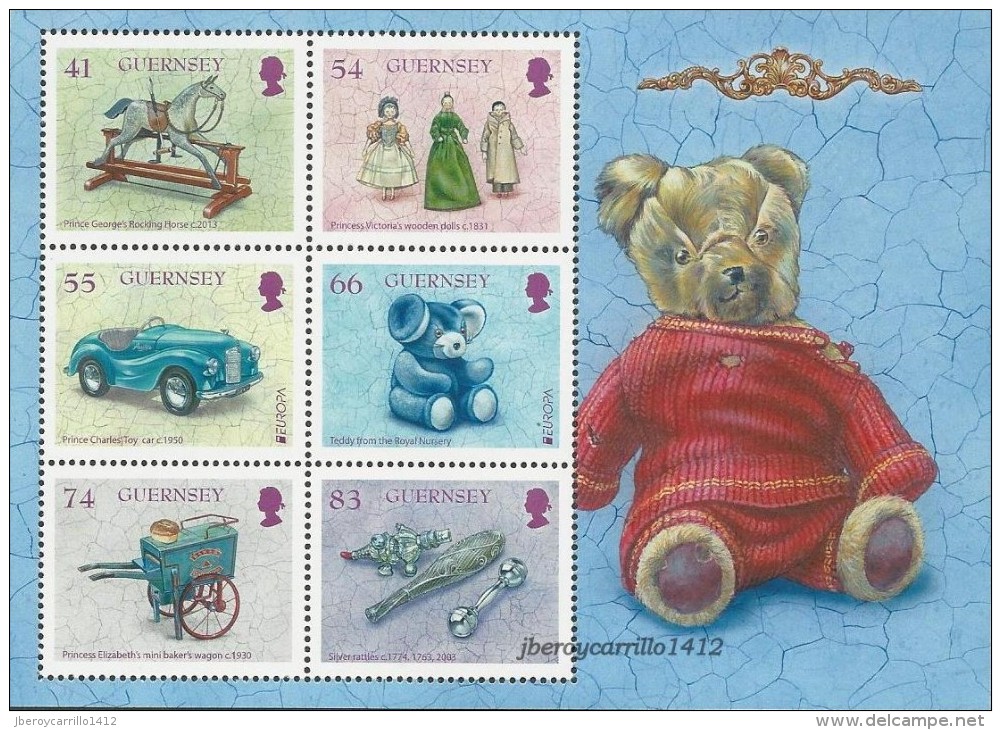 GUERNSEY -EUROPA 2015- "JUGUETES ANTIGUOS / OLD TOYS"-  SERIE De 6 V. + HOJITA BLOQUE - 2015