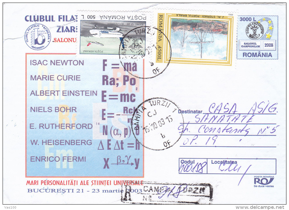 STERIADI PAYNTINGS STAMPS ON STATIONERY COVER,EINSTEIN,TUTHERFORD,FERMI,2003 ROMANIA - Lettres & Documents