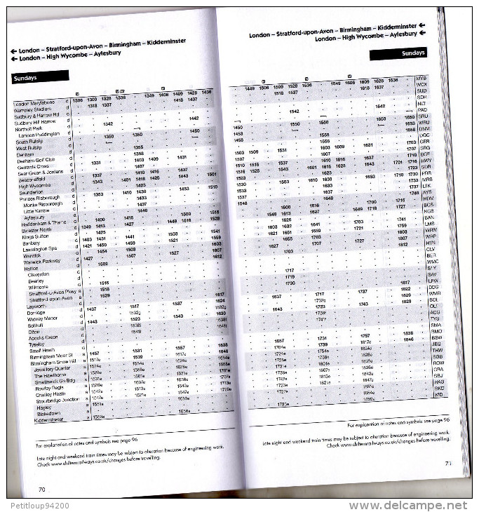 PLAN /HORAIRES DE RESEAUX  CHILTERN RAILWAYS   Royaume-Uni - Europe