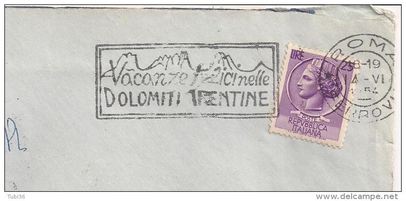 VACANZE FELICI NELLE DOLOMITI TRENTINE,POSTE ROMA TARGHETTA,1954,CASTELVETRANO,TRAPANI, ERINNOFILO UNAC - Hostelería - Horesca