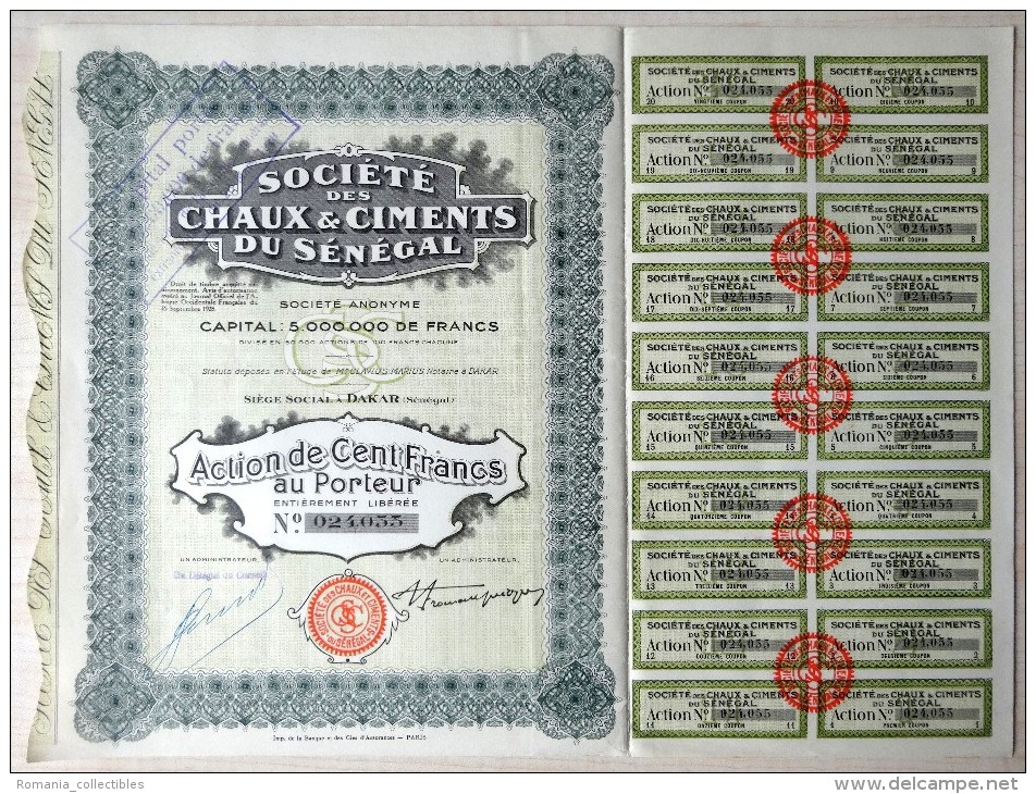 Senegal, 1929, Societe Des Chaux & Ciments - Bond Certificate, 100 Francs - S - V