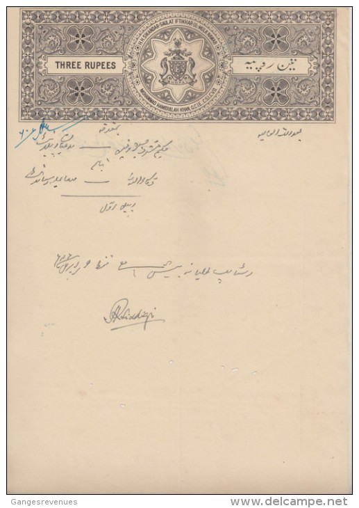 BHOPAL  State  3 Rupees  Stamp Paper  Type 40  K&M 410   # 85521  India  Inde  Indien Revenue Fiscaux - Bhopal