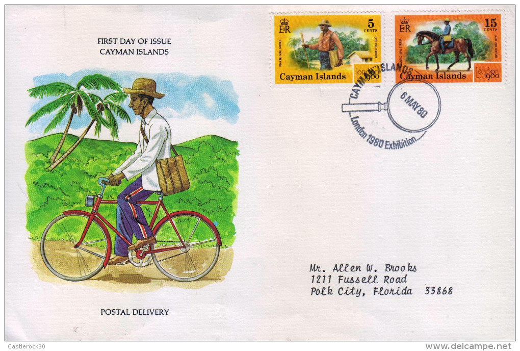 G)1980 CAYMAN ISLANDS, BICYCLE-HORSE, CYCLIST-WALKIG-MOUNTED MAIL CARRIER, FDC USED, XF - Kaaiman Eilanden