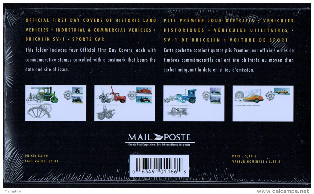 1996 Historical Vehicules  Series 4  -Post Office Sealed Pack Of 4 FDCs  Sc 1604a-f, 1605y - 1991-2000