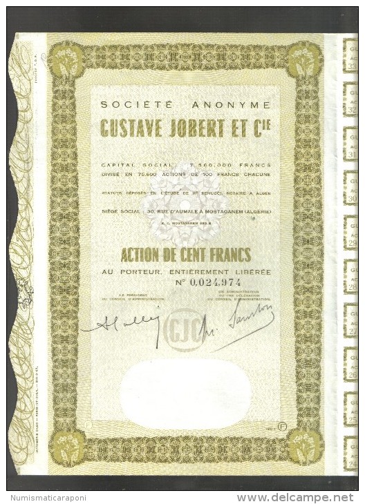 Societè Anonyme Gustave Jobert Algerie Action De 100 Francs 1963  Doc.182 - Afrique