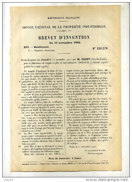 - FABRICATION DE CASQUES EN FIBRE DE BOIS VULCANISEE (pour Armées Coloniales...). BREVET D´INVENTION DE 1902 . - Cascos