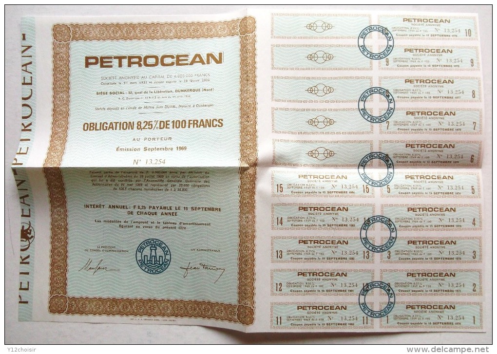 OBLIGATION 8,25 % PETROCEAN DE 100 FRANCS ET COUPONS . DUNKERQUE . SPECIMEN - Petrolio