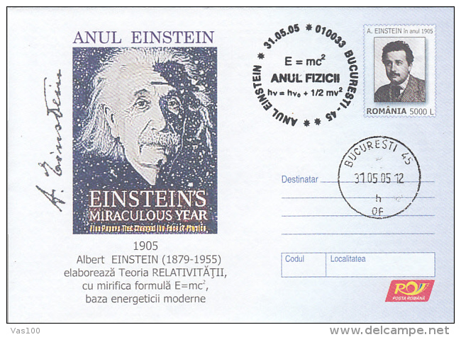 ALBERT EINSTEIN, SCIENTIST, COVER STATIONERY, ENTIER POSTAL, 2005, ROMANIA - Albert Einstein