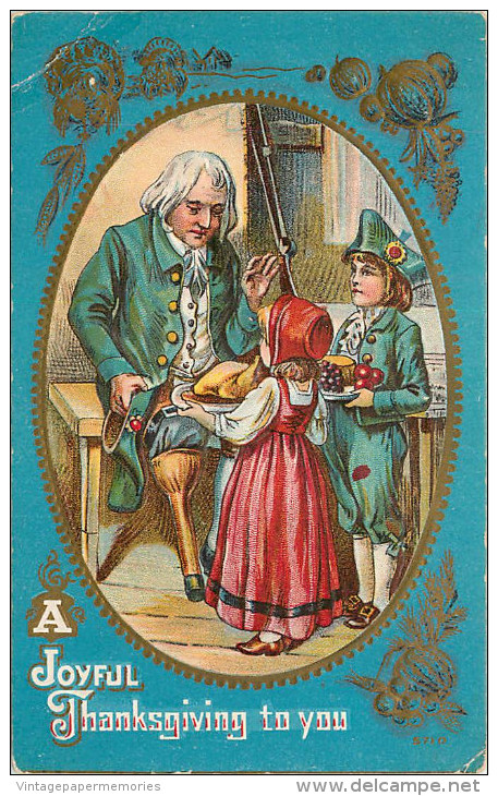 256011-Thanksgiving, Unknown No 5710, Colonial Man With Peg Leg Talking To Children Holding Dinner On Plates - Thanksgiving