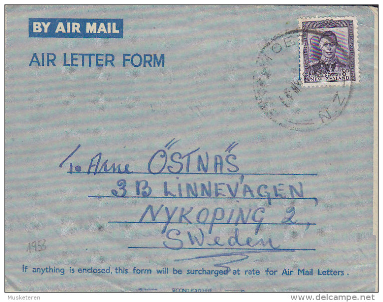 New Zealand By Air Mail Air Letter Form PAPATOETOE Auckland 1953 Cover Brief NYKÖBING Sweden 8d. GVI Stamp - Luchtpost