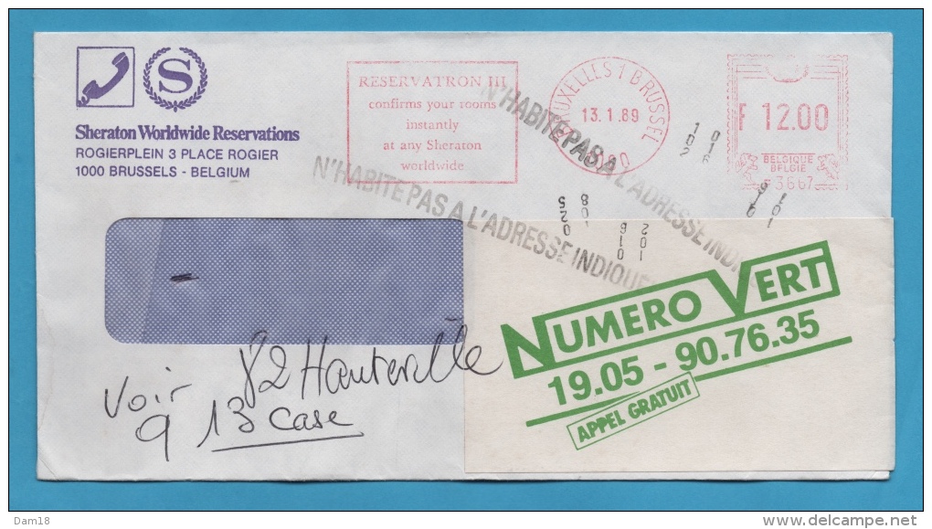 BELGIQUE LETTRE DE 1989 ENTETE ET FLAMME SHERATON NPAI - 1980-1999