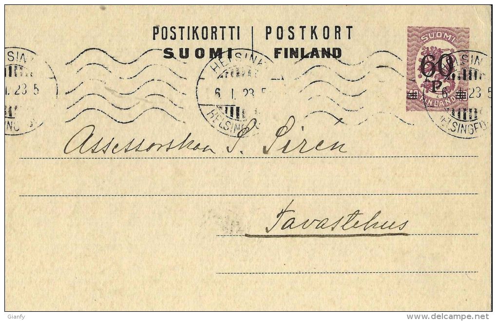 FINLANDIA FINLAND 40 P OVERPRINT 60 1923 HELSINKIS To TAVASTEHUS (Hameenlinna) - Ganzsachen