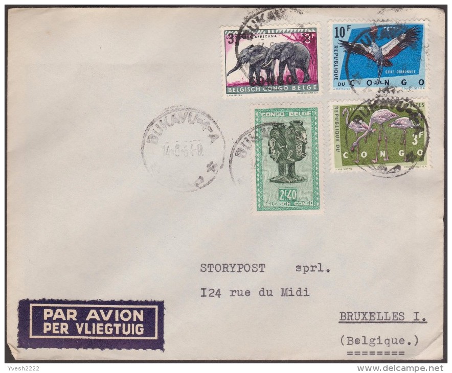 Congo Kin 1964 COB 287A (Congo Belge, Hors Cours), 407, 487 Et 493 (éléphant, Grues, Flamants) Sur Lettre. Bukavu - Gebraucht