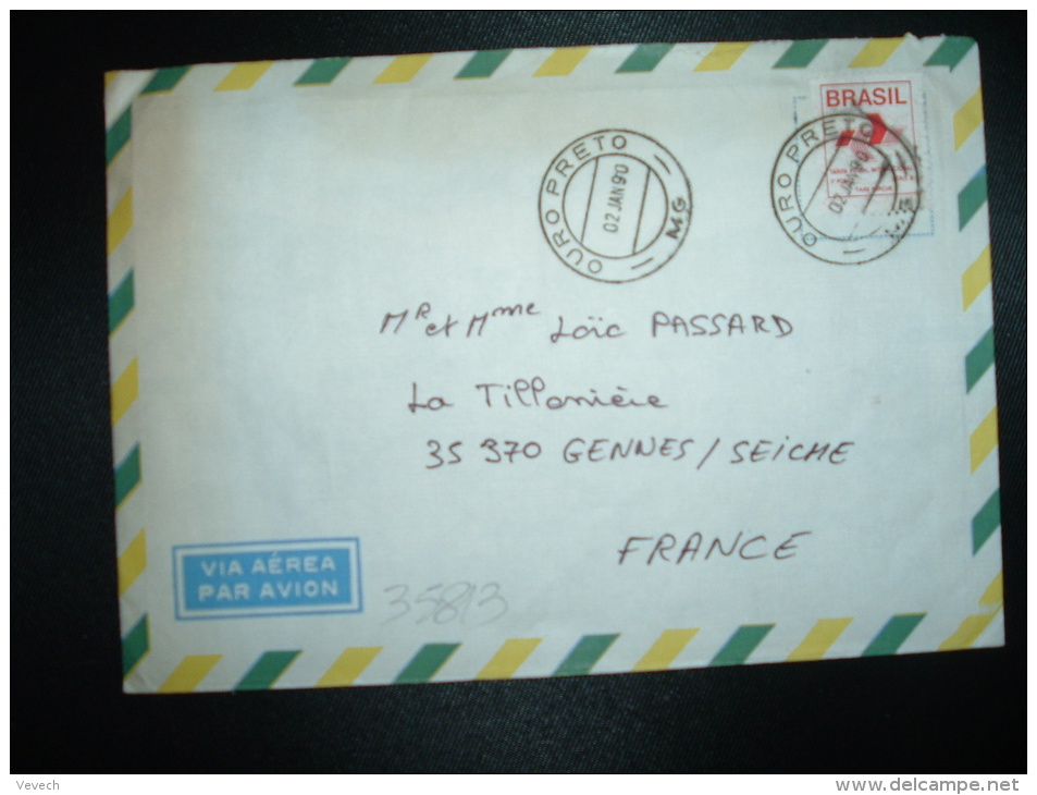 LETTRE PAR AVION POUR LA FRANCE TP TAXE PERCUE SERIE B OBL.02 JAN 90 OURO PRETO - Briefe U. Dokumente