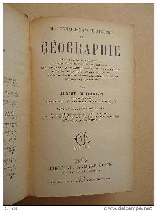 Librairie Armand Colin - A. Demangeon - Dictionnaire Manuel Illustré De GEOGRAPHIE - 1907 - - Dictionaries