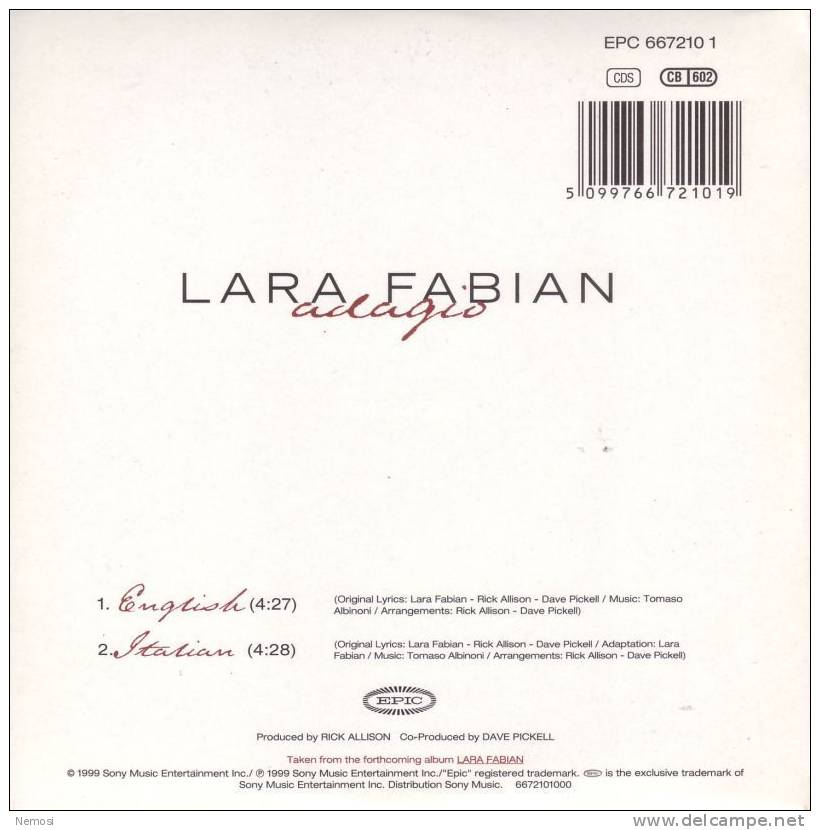 CD - Lara FABIAN - Adagio (English Version - 4.27) - Same (Italian Version - 4.28) - Collector's Editions