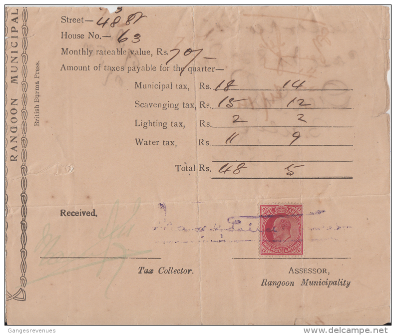 BURMA India KE  1A  Used ON  Rangoon Rent Receipt # 86113 Inde  Indien Fiscaux Fiscal Revenue - Burma (...-1947)