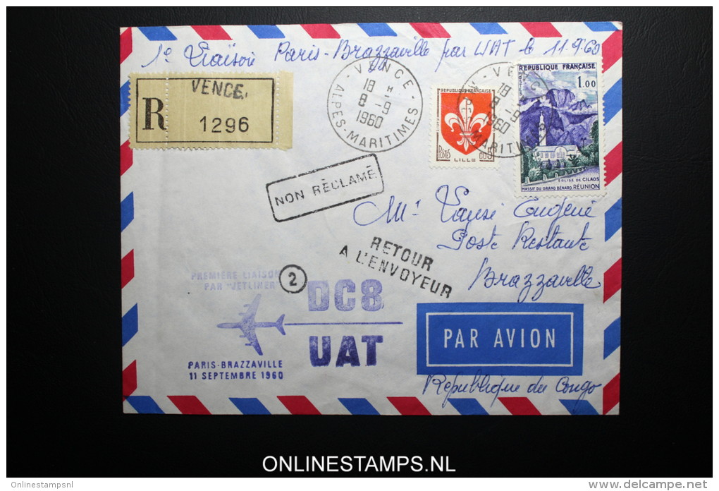 France: Premier Liasions Aerienne  Paris  -Brazzaville Congo  DC8 11-9-1960 R-lettre - Lettres & Documents