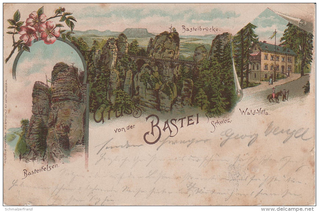 Litho AK Gruß Bastei Stempel Wald Villa Sächsische Schweiz Bei Rathen Wehlen Rathewalde Uttewalde Hohnstein Lohmen Pirna - Bastei (sächs. Schweiz)