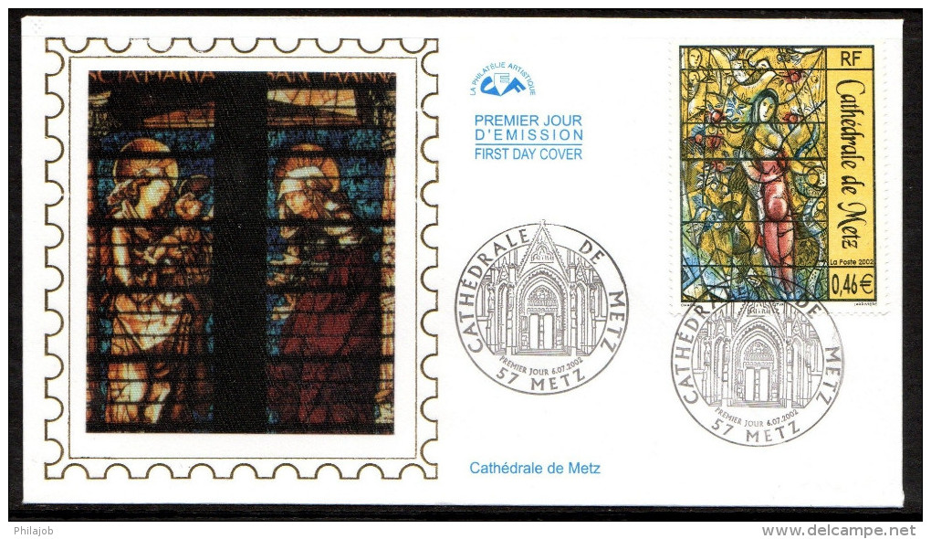 " VITRAIL DE LA CATHEDRALE DE METZ " Sur Enveloppe 1er Jour En Soie De 2002. N° YT 3498. Parfait état. FDC - Glas & Brandglas