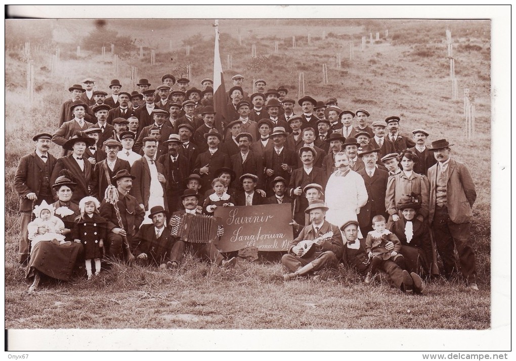 Carte Postale Photo SOUVENIR Du Sanatorium De SCHIRMECK (Bas-Rhin) Groupe Avec Accordéon Et Mandoline Drapeau - 1912 - - Schirmeck