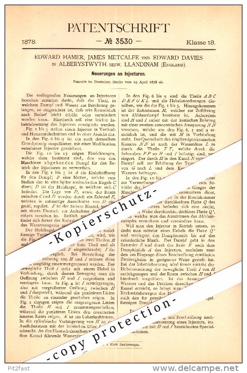 Original Patent - E. Davies In Llandinam / Llanidloes And James Metcalfe In Alberystwyth , 1888 , Steam Injectors !!! - Cardiganshire