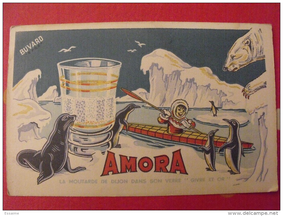 Buvard Amora. Moutarde De Dijon. Pingouin Phoque Otarie Esquimau Kayak. Vers 1950 - Senf