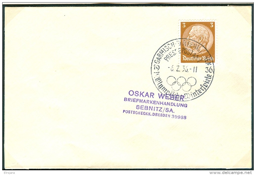 GERMANY Cover With Olympic Handcancel Garmisch Partenkirchen Pressepostamt Olympische Winterspiele - Winter 1936: Garmisch-Partenkirchen