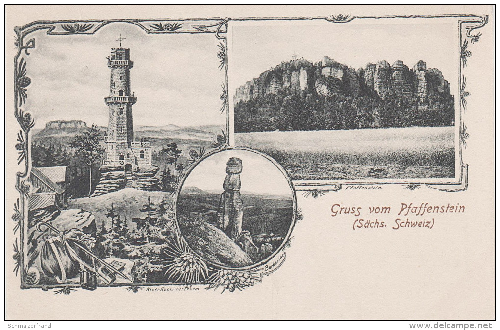 Litho AK Sächsische Schweiz Gruss Pfaffenstein Baude Turm Bei Königstein Pfaffendorf Gohrisch Cunnersdorf Krippen Schöna - Kleinhennersdorf