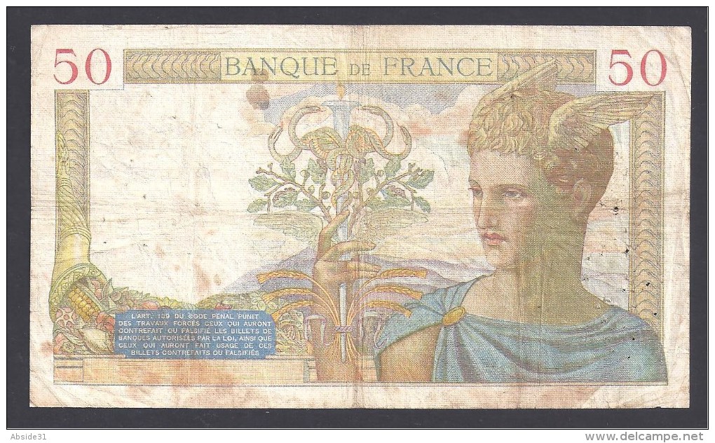 50 Francs  " Cérès "  Du  9 - 9 -1937 - 50 F 1934-1940 ''Cérès''