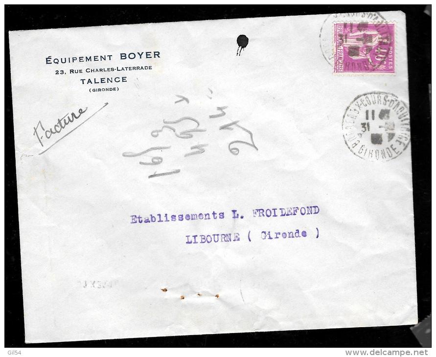 Yvert N°281 Sur Lsc , Lettre ,  à Entête Commerciale, Oblitéré Bordeaux -cour-d'aquitaine  En Octobre 1934 - Lot7301 - 1932-39 Paz