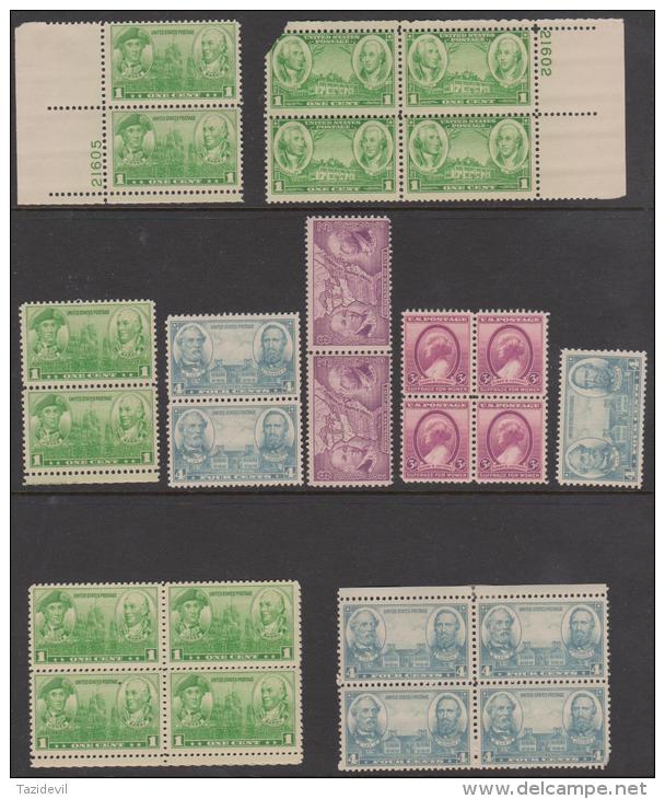 USA -  Group Of Mainly 1930's Blocks Of Four, Includes A Couple Plate Numbers. Two Or 3 Are Hinged, Remainder Fresh MNH - Plate Blocks & Sheetlets