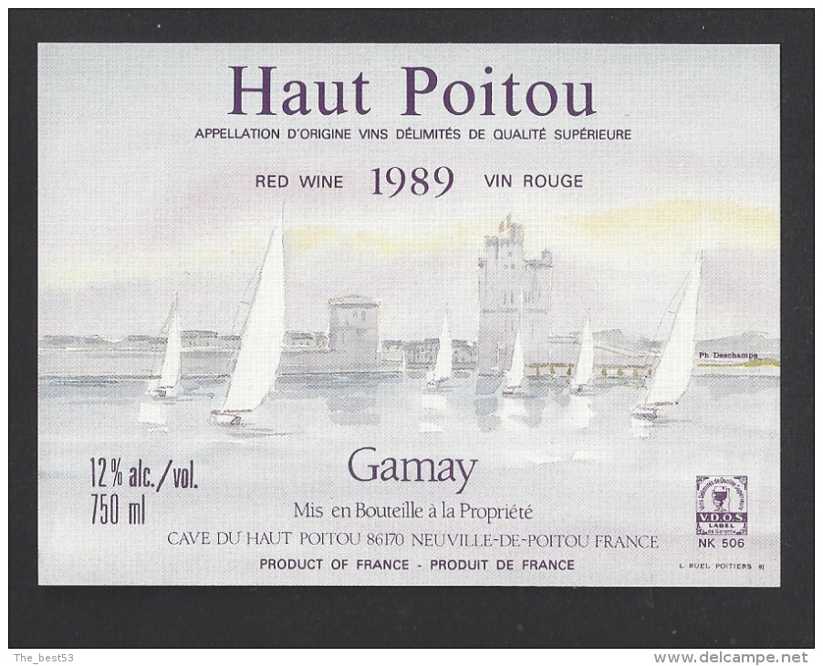 Etiquette De Vin Haut Poitou 1989  -  Gamay  -  Thème Voiliers à La Rochelle - Sailboats & Sailing Vessels