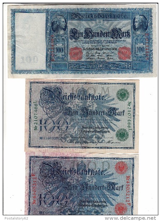 3 Reichsbanknote 100 Mark  From Imperial Germany. 1908 - 1910. Integre, Ottima Conservazione. - 100 Mark