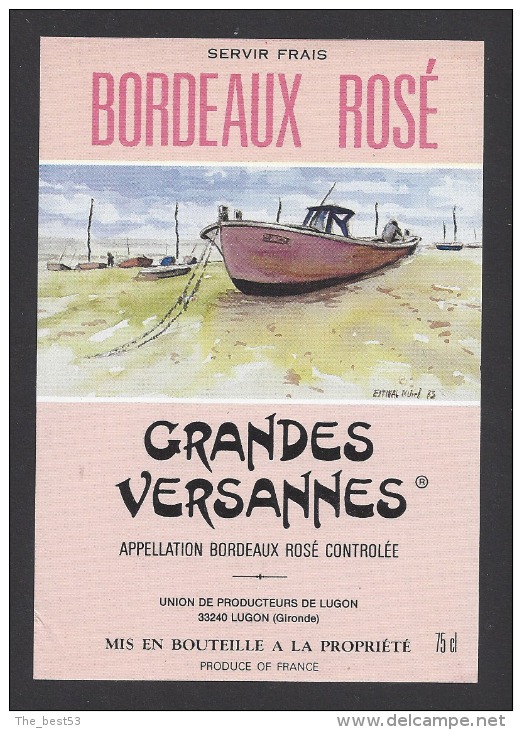 Etiquette De Vin Bordeaux Rosé  -  Grande Versannes -  Thème Bateau - Illustrateur Estival N. ? - Sailboats & Sailing Vessels