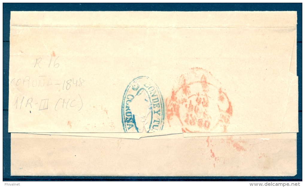 1850 GALICIA , ENVUELTA CIRCULADA ENTRE CORUÑA Y CÁDIZ, BAEZA CORUÑA EN ROJO, PORTEO, LLEGADA - ...-1850 Prephilately