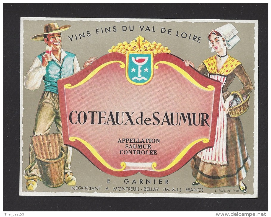 Etiquette De Vin Coteaux De Saumur  - Thème Couple  -  E. Garnier  à  Montreuil Bellay (49)  -  Années 60 - Couples