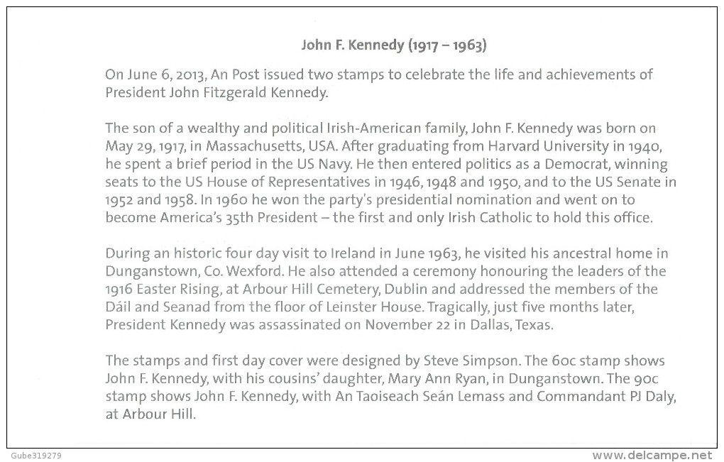 IRELAND 2013 - FDC "JOHN F. KENNEDY 1963 VISIT TO IRELAND & ACHIEVEMENTS W 2 STS OF 60-90 C OBL JUNE 6,1963 OBL BAILE AT - FDC