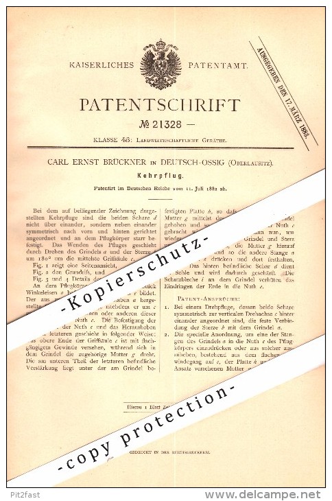 Original Patent - C.E. Brückner In Deutsch Ossig B. Görlitz , 1882 , Kehrpflug , Pflug , Landwirtschaft , Agrar !!! - Goerlitz