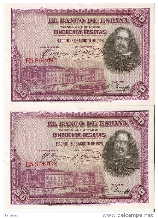 PAREJA CORRELATIVA DE 50 PTAS DE 1928 DE VELAZQUEZ SERIE E SIN CIRCULAR-UNCIRCULATED (BANKNOTE) - 50 Pesetas