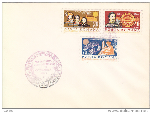BUCHAREST UNIVERSITY ANNIVERSARY, STAMPS AND SPECIAL POSTMARK ON COVER, 1964, ROMANIA - Briefe U. Dokumente