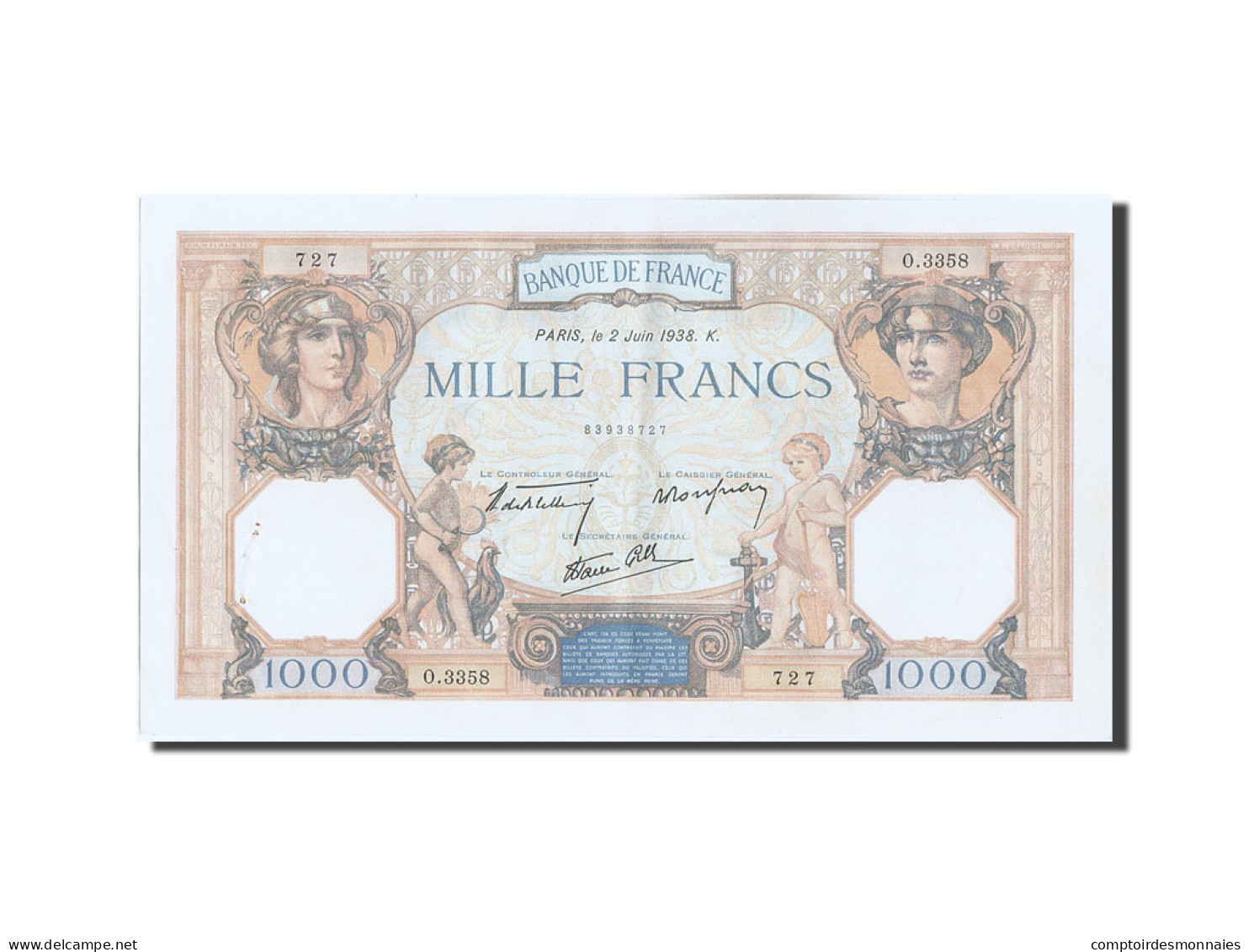 Billet, France, 1000 Francs, 1 000 F 1927-1940 ''Cérès Et Mercure'', 1938 - 1 000 F 1927-1940 ''Cérès Et Mercure''