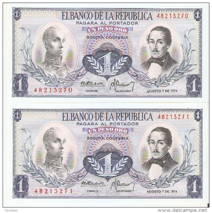 PAREJA CORRELATIVA DE COLOMBIA DE 1 PESO DE ORO DEL AÑO 1974  (BANK NOTE) SIN CIRCULAR-UNCIRCULATED - Colombie