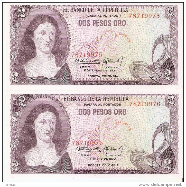 PAREJA CORRELATIVA DE COLOMBIA DE 2 PESOS DE ORO DEL AÑO 1973  (BANK NOTE) SIN CIRCULAR-UNCIRCULATED - Colombie