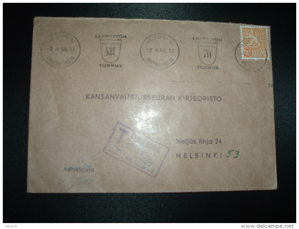 LETTRE TP 0,15 OBL.MEC.2-4-66 HELSINKI 10 + GRIFFE ENCADREE T LUNASTUS LOSEN + 40 P - Covers & Documents