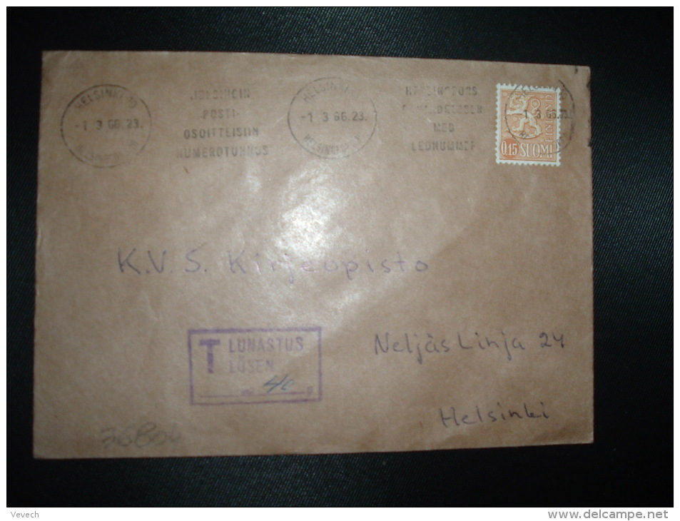 LETTRE TP 0,15 OBL.MEC.1-3-66 HELSINKI 10 + GRIFFE ENCADREE T LUNASTUS LOSEN + 40 P - Covers & Documents