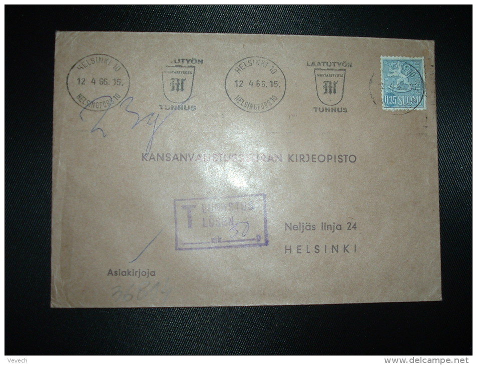 LETTRE TP 0,35 OBL.MEC.12-4-66 HELSINKI 10 + GRIFFE ENCADREE T LUNASTUS LOSEN + 50 P - Covers & Documents