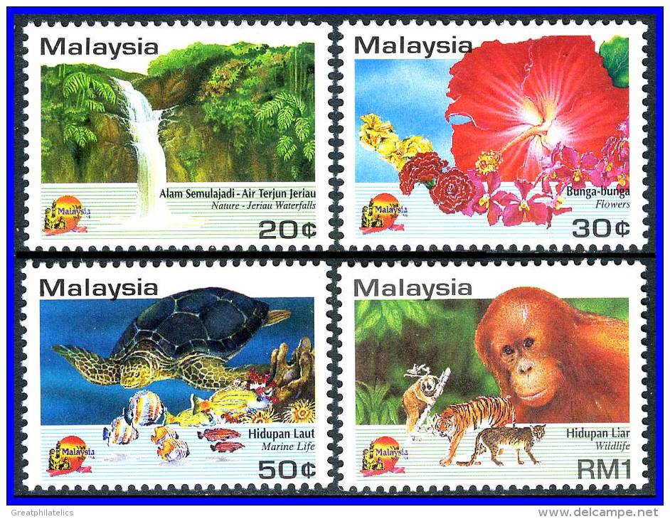 MALAYSIA 1994  TOURIST YEAR SC#495-98 MNH WATERFALL ANIMALS TURTLE FISH Flowers (2D046) - Tortues