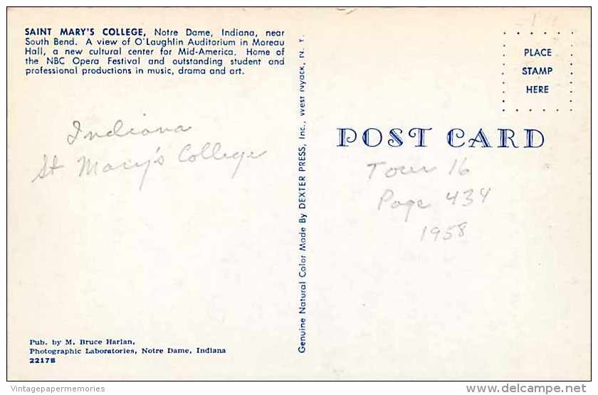 244433-Indiana, South Bend, Notre Dame, Saint Mary's College, O' Laughlin Auditorium, Dexter Press No 2217B - South Bend